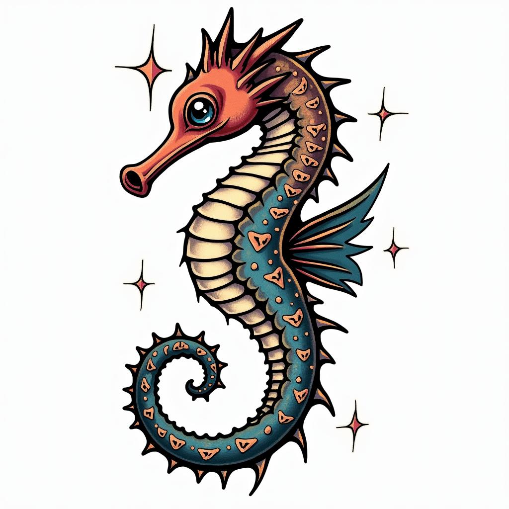 Seahorsein pop art style tattoo, featuring bold and vibrant colors, exaggerated outlines, iconic imagery, inspired by comic books and speech bubbles, comic book characters, retro pop culture - Variation 3