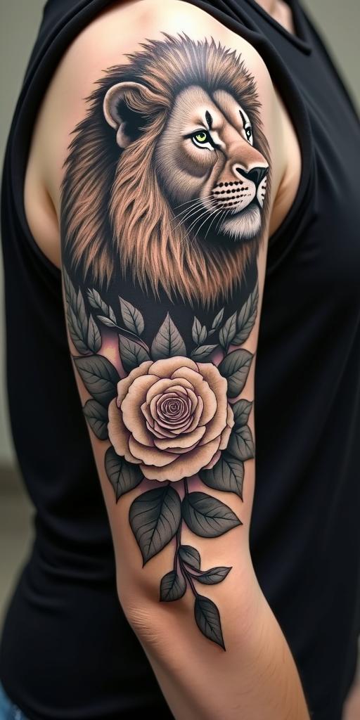 Lion looking to the side with a clock and rosein authentic tattoo style, incorporating traditional modifications, bold black outlines, solid color fills, featuring classic authentic elements - Variation 4