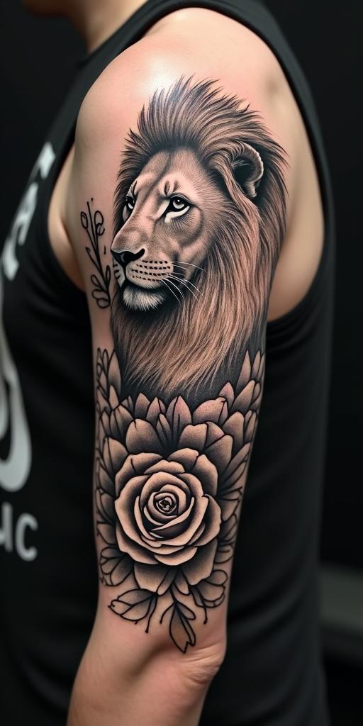 Lion looking to the side with a clock and rosein authentic tattoo style, incorporating traditional modifications, bold black outlines, solid color fills, featuring classic authentic elements - Variation 3