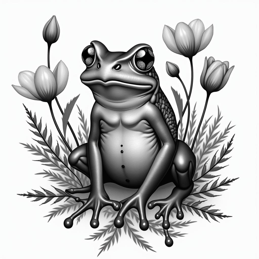 Frog surrounded by poppies with a compassin realism tattoo style, featuring a highly detailed, lifelike, capturing every detail, photorealistic, ultra realistic, intricate shading, smooth and sharp,