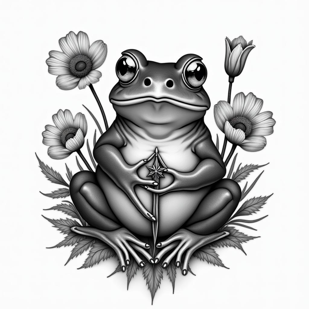 Frog surrounded by poppies with a compassin realism tattoo style, featuring a highly detailed, lifelike, capturing every detail, photorealistic, ultra realistic, intricate shading, smooth and sharp,   - Variation 4