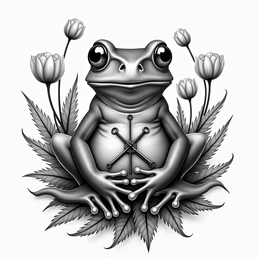 Frog surrounded by poppies with a compassin realism tattoo style, featuring a highly detailed, lifelike, capturing every detail, photorealistic, ultra realistic, intricate shading, smooth and sharp,   - Variation 2