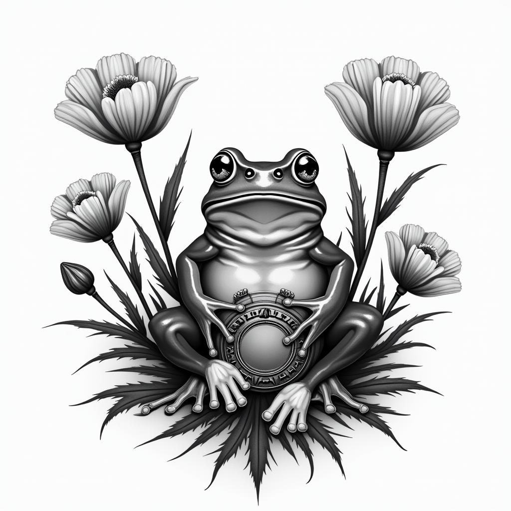 Frog surrounded by poppies with a compassin realism tattoo style, featuring a highly detailed, lifelike, capturing every detail, photorealistic, ultra realistic, intricate shading, smooth and sharp,   - Variation 3