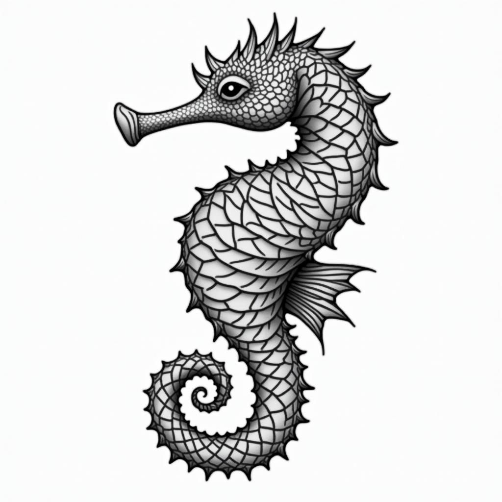 Seahorsein dotwork style tattoo, complex mandala patterns, interlocking geometric shapes with sharp symmetry, clean lines, sharp angles