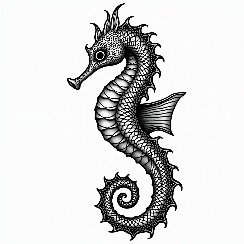 Seahorsein dotwork style tattoo, complex mandala patterns, interlocking geometric shapes with sharp symmetry, clean lines, sharp angles - Variation 4