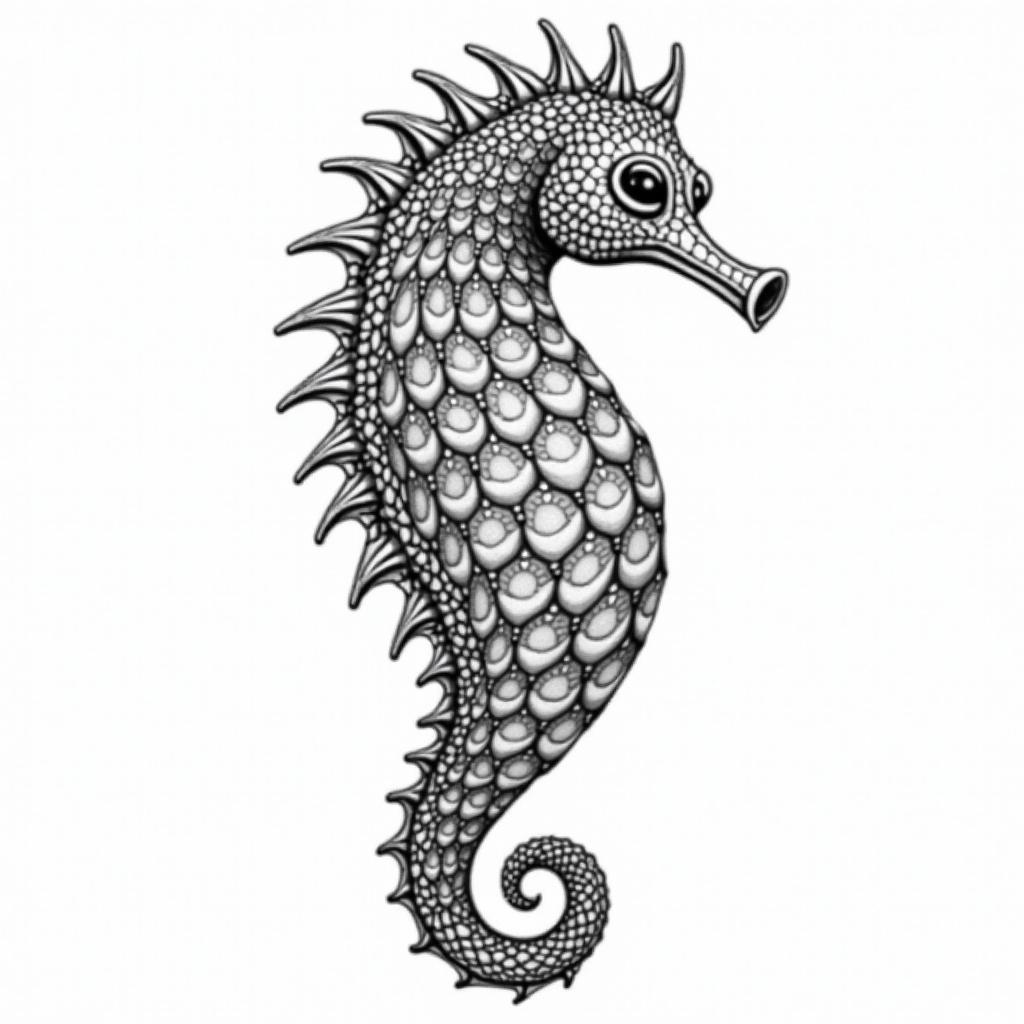 Seahorsein dotwork style tattoo, complex mandala patterns, interlocking geometric shapes with sharp symmetry, clean lines, sharp angles - Variation 2