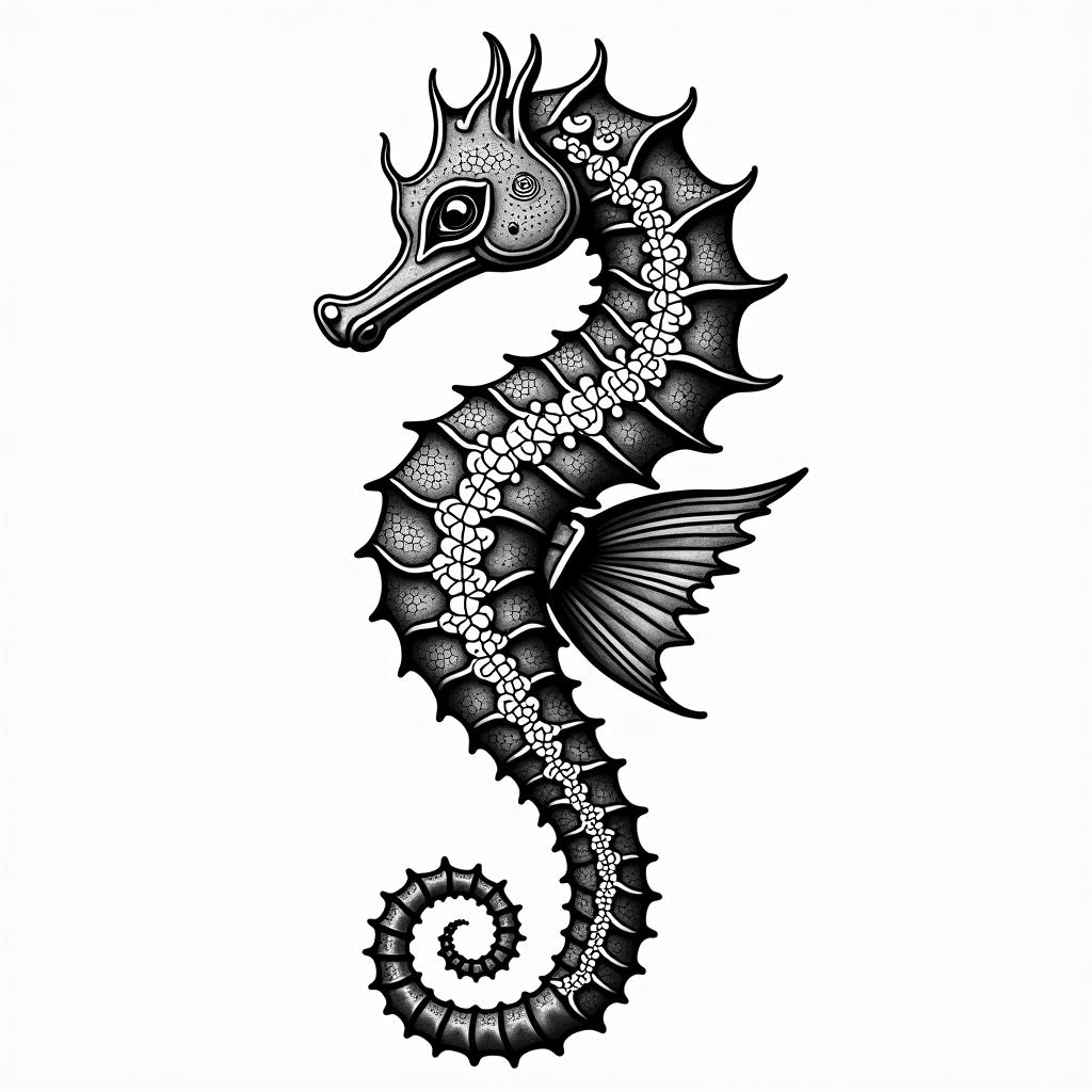Seahorsein dotwork style tattoo, complex mandala patterns, interlocking geometric shapes with sharp symmetry, clean lines, sharp angles - Variation 3