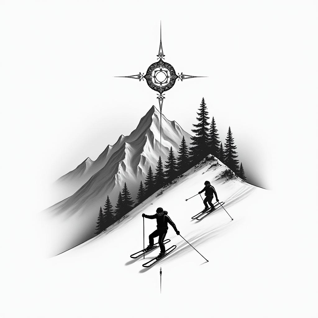 Mountain scene with skiingin spiritual symbols tattoo style, featuring an intricate design incorporating elements, Hamsa hand, third eye, minimalist composition