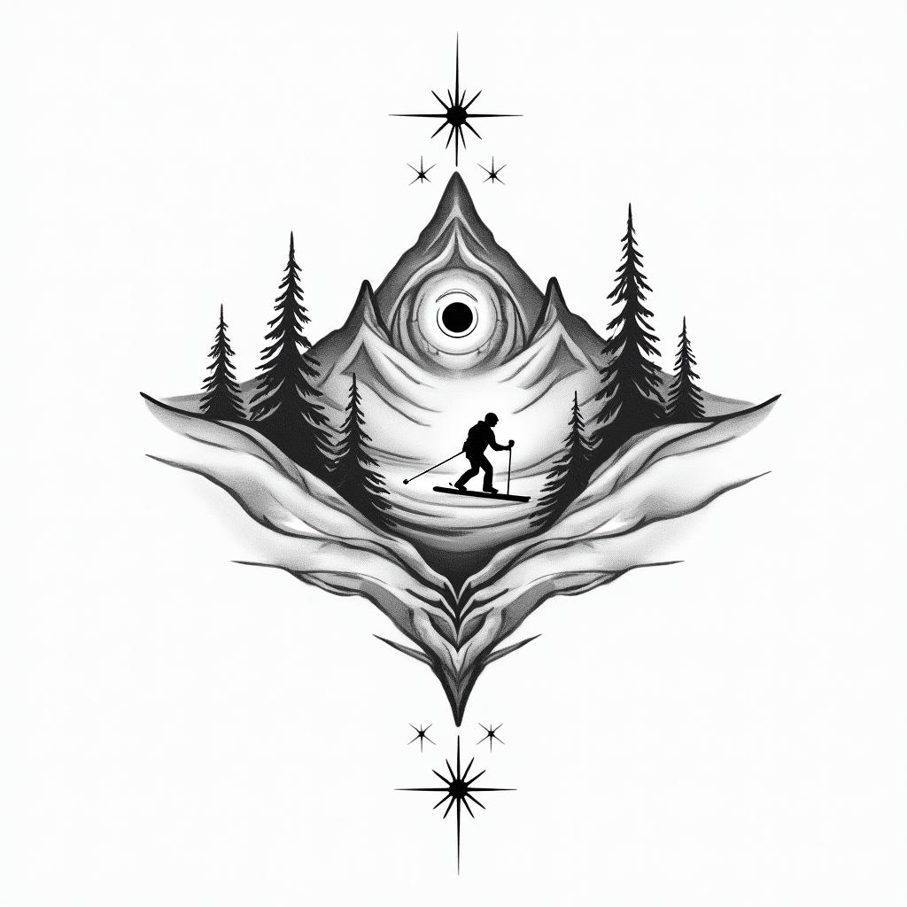 Mountain scene with skiingin spiritual symbols tattoo style, featuring an intricate design incorporating elements, Hamsa hand, third eye, minimalist composition - Variation 2