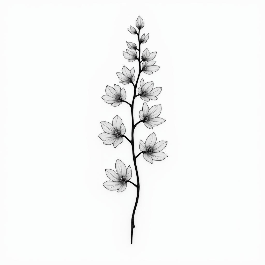 Wisteria plantin Modest style tattoo, featuring soft, delicate line work with simple and meaningful symbols, gentle waves, a heart, evoking a sense of serenity and grace,
