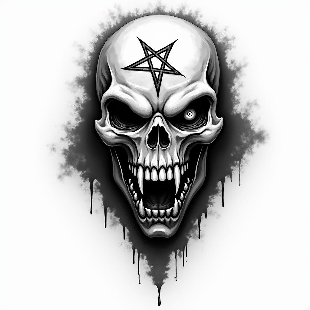 Ninja Turtles Shreddercreepy horror tattoo style, featuring an eerie and unsettling skull of a demonic creature, distorted face with sharp fangs, add pentagram symbol