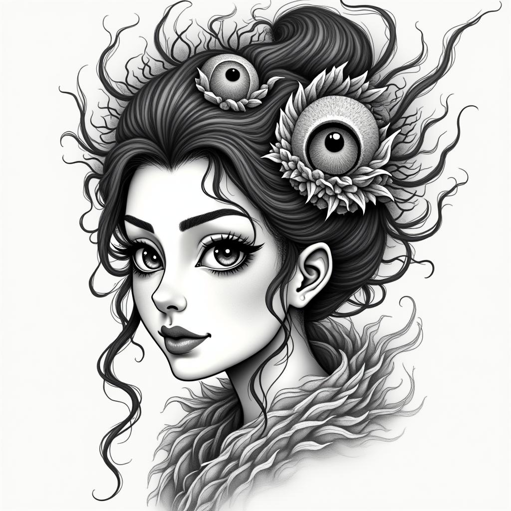Beautiful women with many eyesin japanese style tattoo, detailed tattoo, traditional japanese culture tattoo, mythology, 8k - Variation 3
