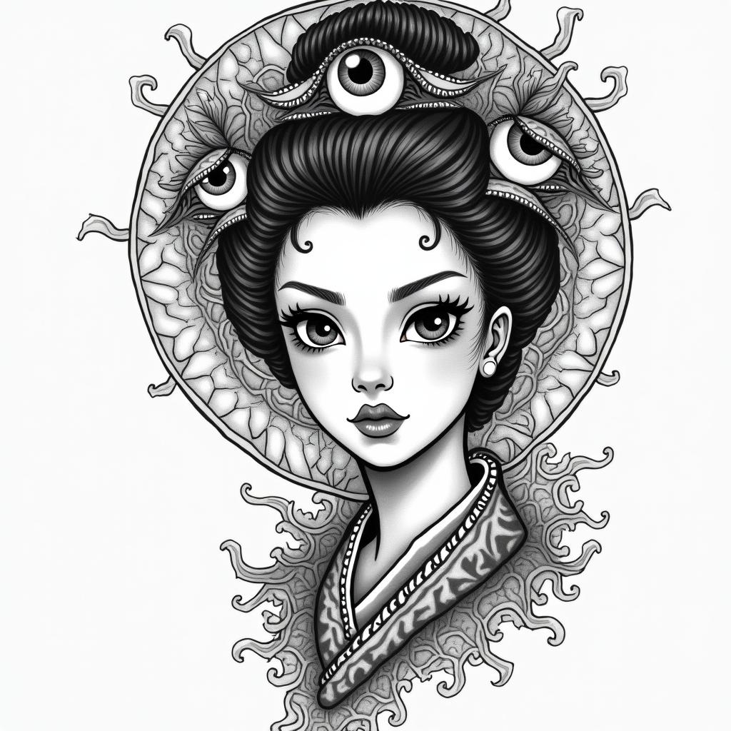 Beautiful women with many eyesin japanese style tattoo, detailed tattoo, traditional japanese culture tattoo, mythology, 8k