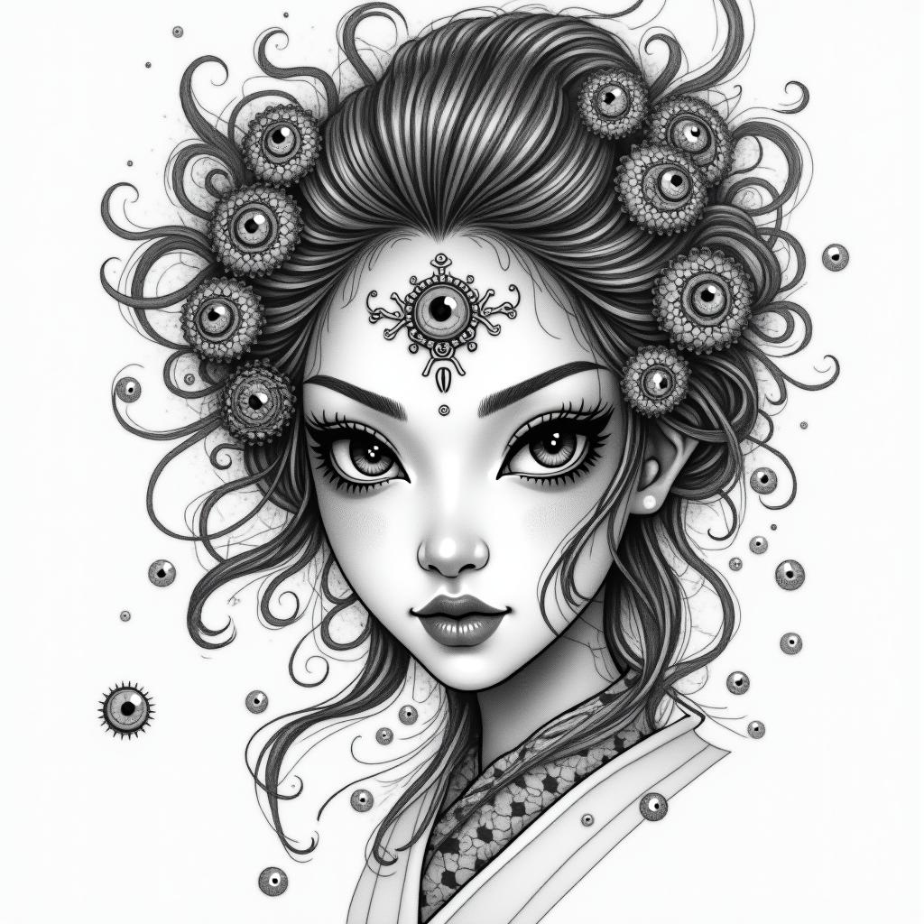 Beautiful women with many eyesin japanese style tattoo, detailed tattoo, traditional japanese culture tattoo, mythology, 8k - Variation 4