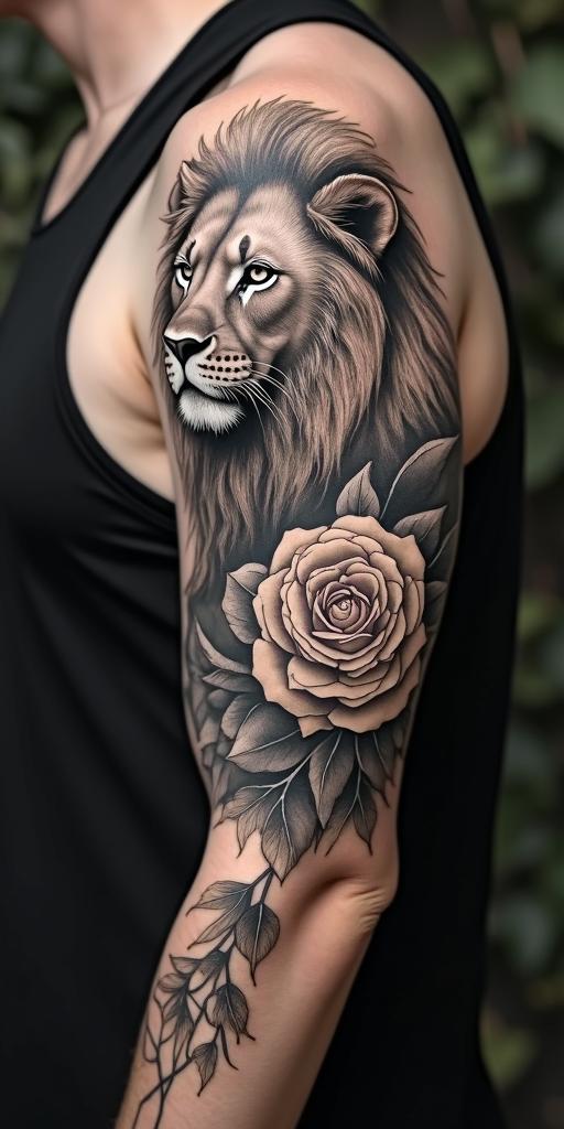 Lion looking to the side with a clock and rosein realism tattoo style, featuring a highly detailed, lifelike, capturing every detail, photorealistic, ultra realistic, intricate shading, smooth and sharp,