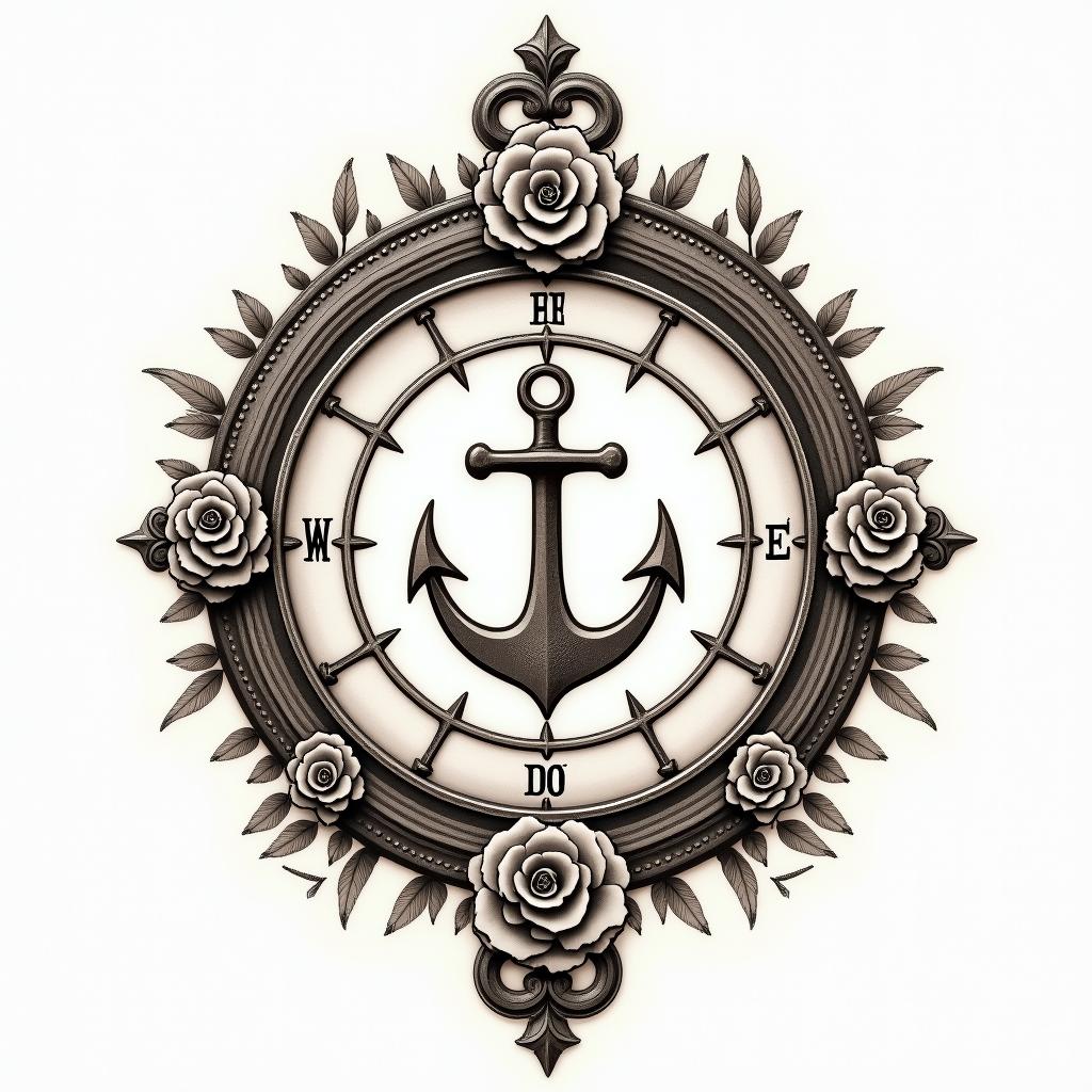 A ship anchor in the middle of a compass rose.in victorian style tattoo, featuring vintage and elegant elements, ornate frames, roses, antique, sepia-toned color scheme - Variation 4