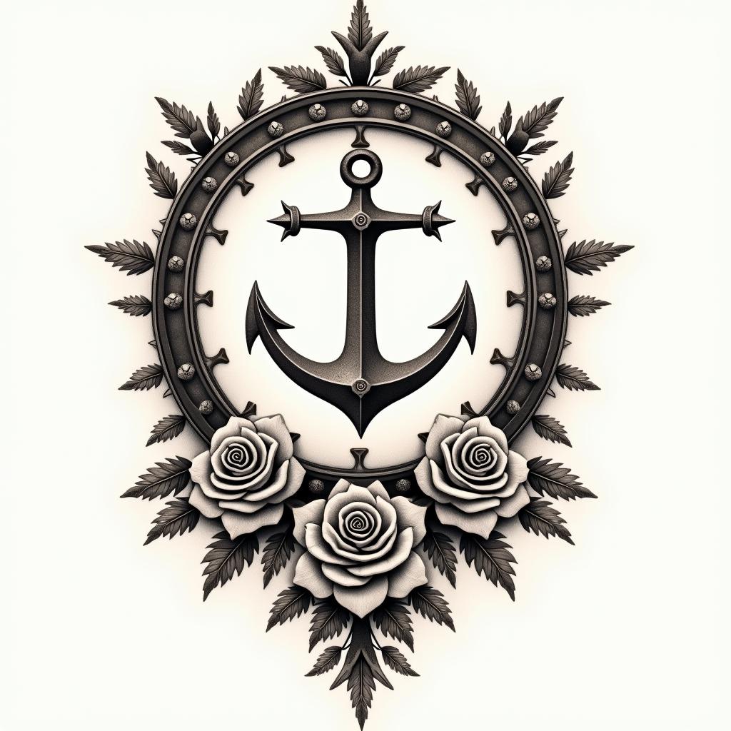 A ship anchor in the middle of a compass rose.in victorian style tattoo, featuring vintage and elegant elements, ornate frames, roses, antique, sepia-toned color scheme