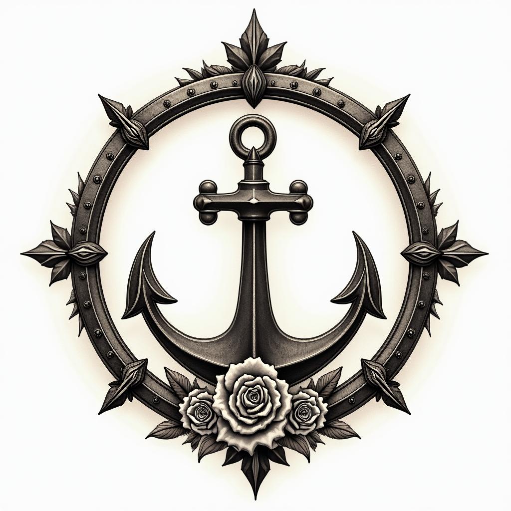 A ship anchor in the middle of a compass rose.in victorian style tattoo, featuring vintage and elegant elements, ornate frames, roses, antique, sepia-toned color scheme - Variation 3