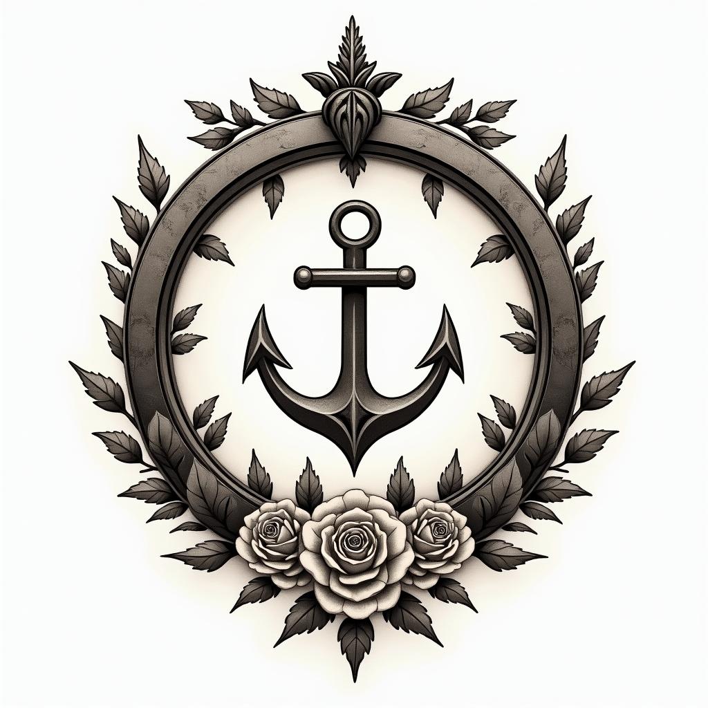 A ship anchor in the middle of a compass rose.in victorian style tattoo, featuring vintage and elegant elements, ornate frames, roses, antique, sepia-toned color scheme - Variation 2