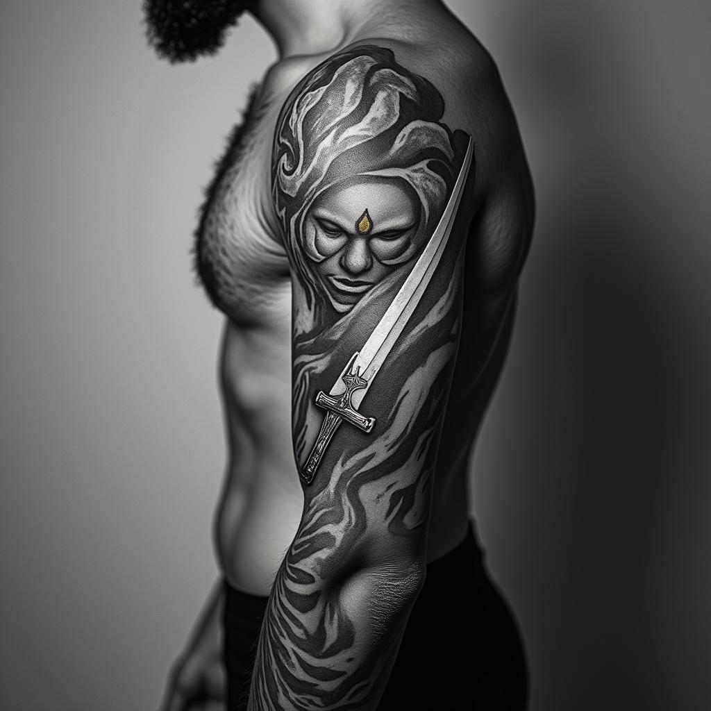 Hero with swordin portrait tattoo style, featuring a highly realistic and detailed depiction - Variation 4