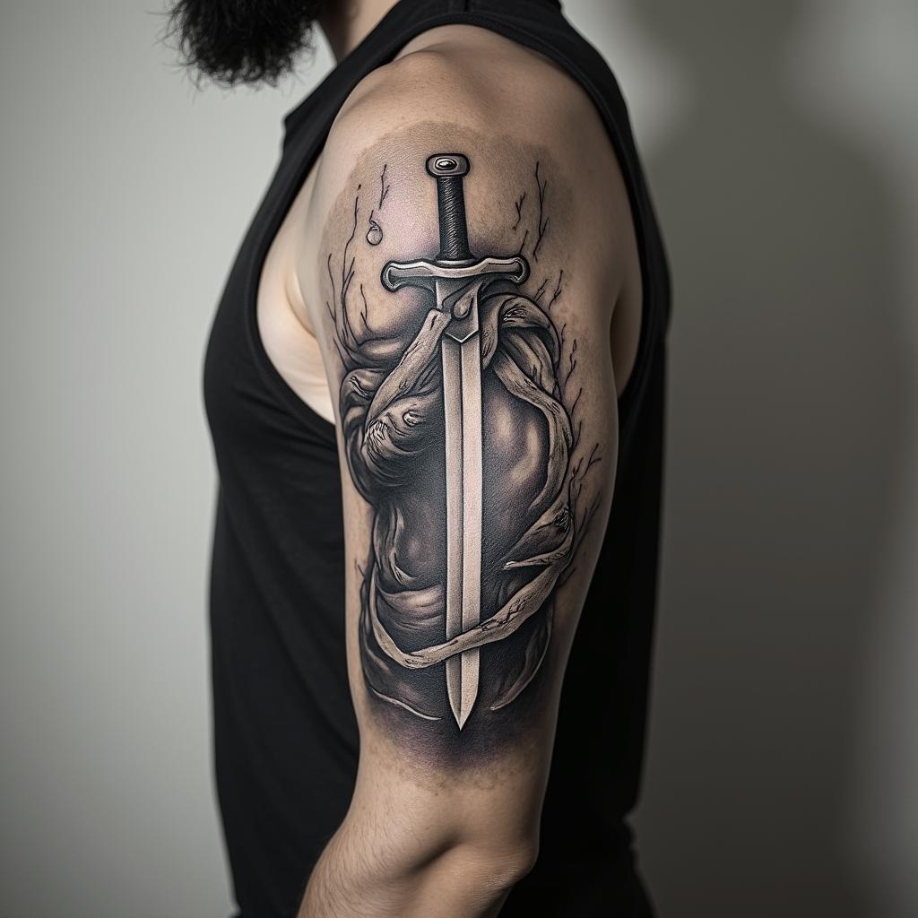 Hero with swordin portrait tattoo style, featuring a highly realistic and detailed depiction - Variation 2