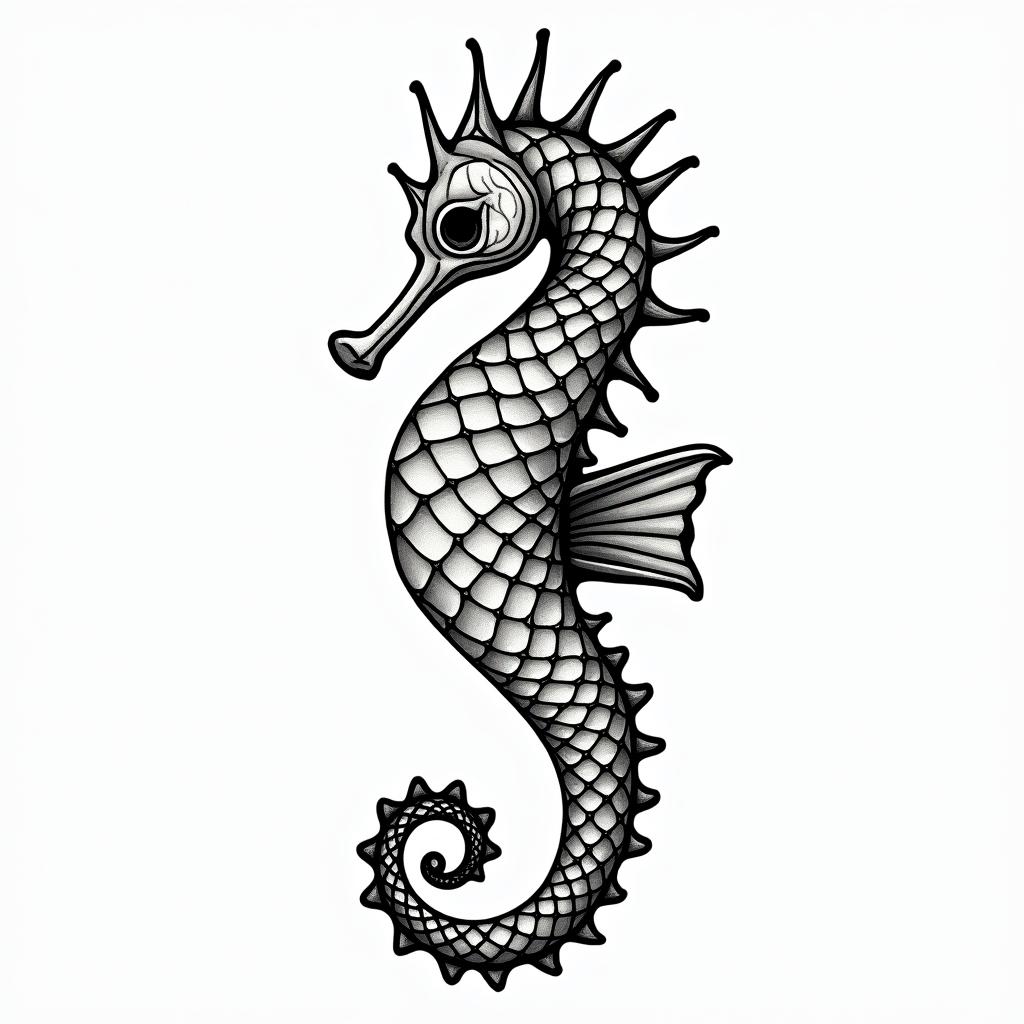 Seahorse in geometric style tattoo, blending hexagons, mandala-inspired patterns, symmetrical and fractal design, clean lines, sharp angles - Variation 2