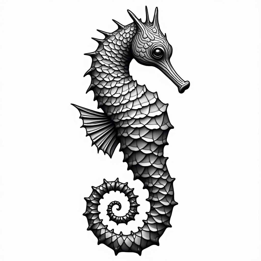 Seahorse in geometric style tattoo, blending hexagons, mandala-inspired patterns, symmetrical and fractal design, clean lines, sharp angles - Variation 3
