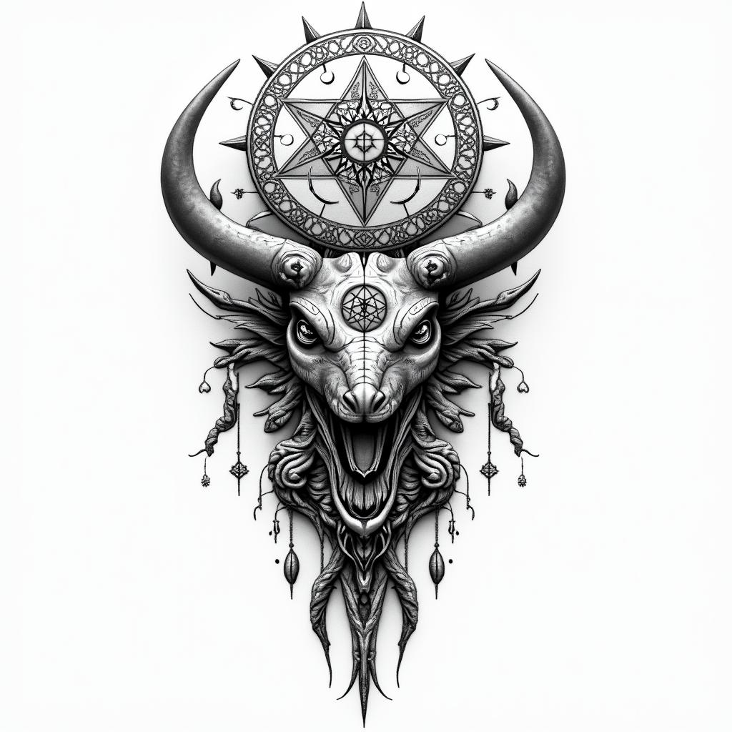 My name is Lars, my zodiac sign is Taurus, I am from São Paulo, I like animes, series, and movies, I enjoy music games and animals, and I like dinosaurs, snakes, lizards, and whales.in paganic style tattoo, featuring ancient symbols, add vegvisir symbol, mystical figures, incorporating designs, pentagrams, runes, crescent moons,