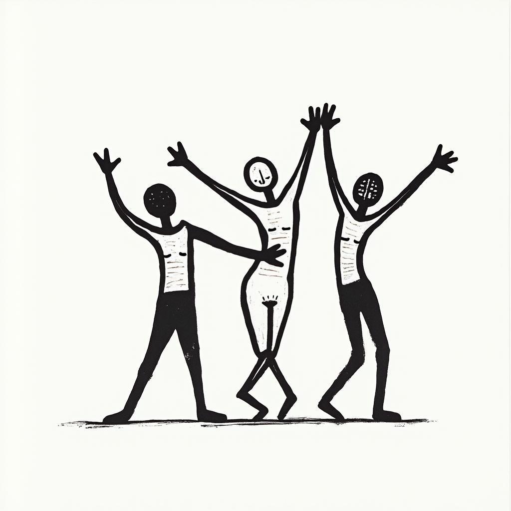 North Grandpa Role Model Family Cohesion Greek Greece 1968 Examili 1998 Sofiaabstract dancing figures in Keith Haring style, featuring bold black outlines and solid color fills, figures posed in dynamic and playful dance movements, minimalist design