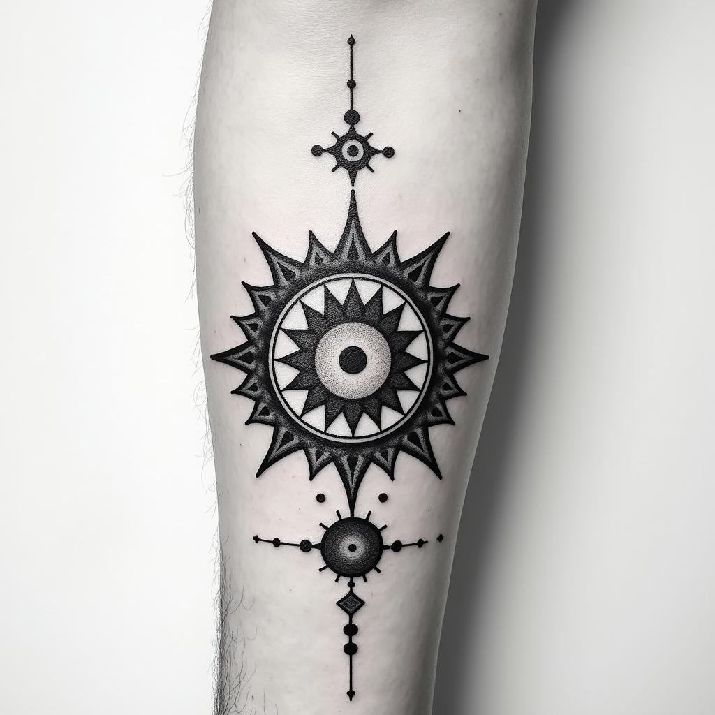Alchemical tattoo for the forearm, the elements of life, knowledge.in spiritual symbols tattoo style, featuring an intricate design incorporating elements, Hamsa hand, third eye, minimalist composition