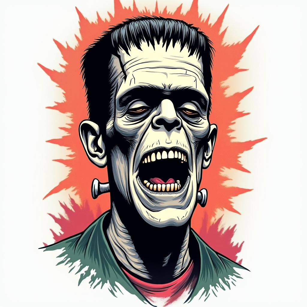 Frankenstein arcadein pop art style tattoo, featuring bold and vibrant colors, exaggerated outlines, iconic imagery, inspired by comic books and speech bubbles, comic book characters, retro pop culture