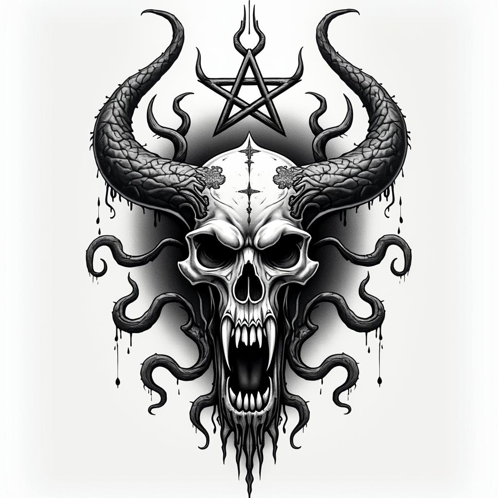 Yggdrasil With Jormungandr in Vikinger style auf unter arm in langen stylecreepy horror tattoo style, featuring an eerie and unsettling skull of a demonic creature, distorted face with sharp fangs, add pentagram symbol - Variation 2