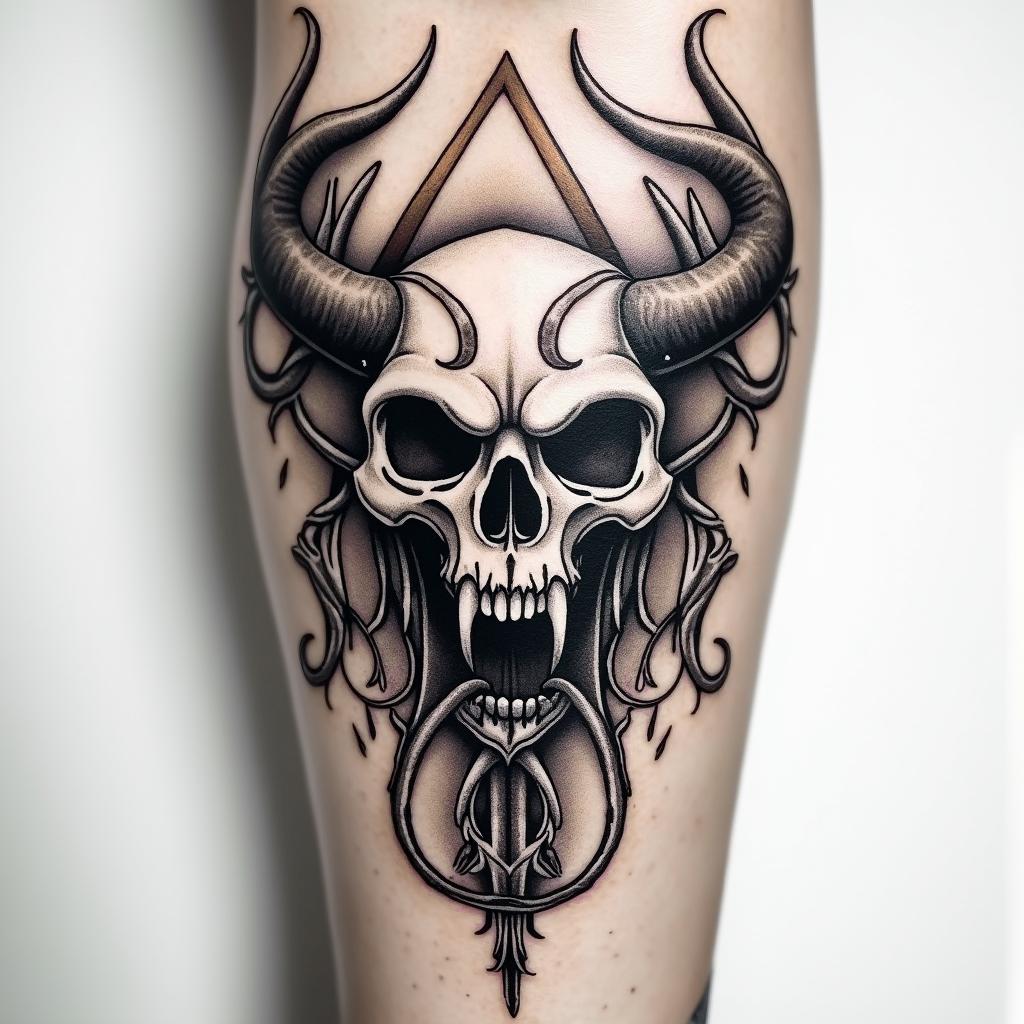 Yggdrasil With Jormungandr in Vikinger style auf unter arm in langen stylecreepy horror tattoo style, featuring an eerie and unsettling skull of a demonic creature, distorted face with sharp fangs, add pentagram symbol