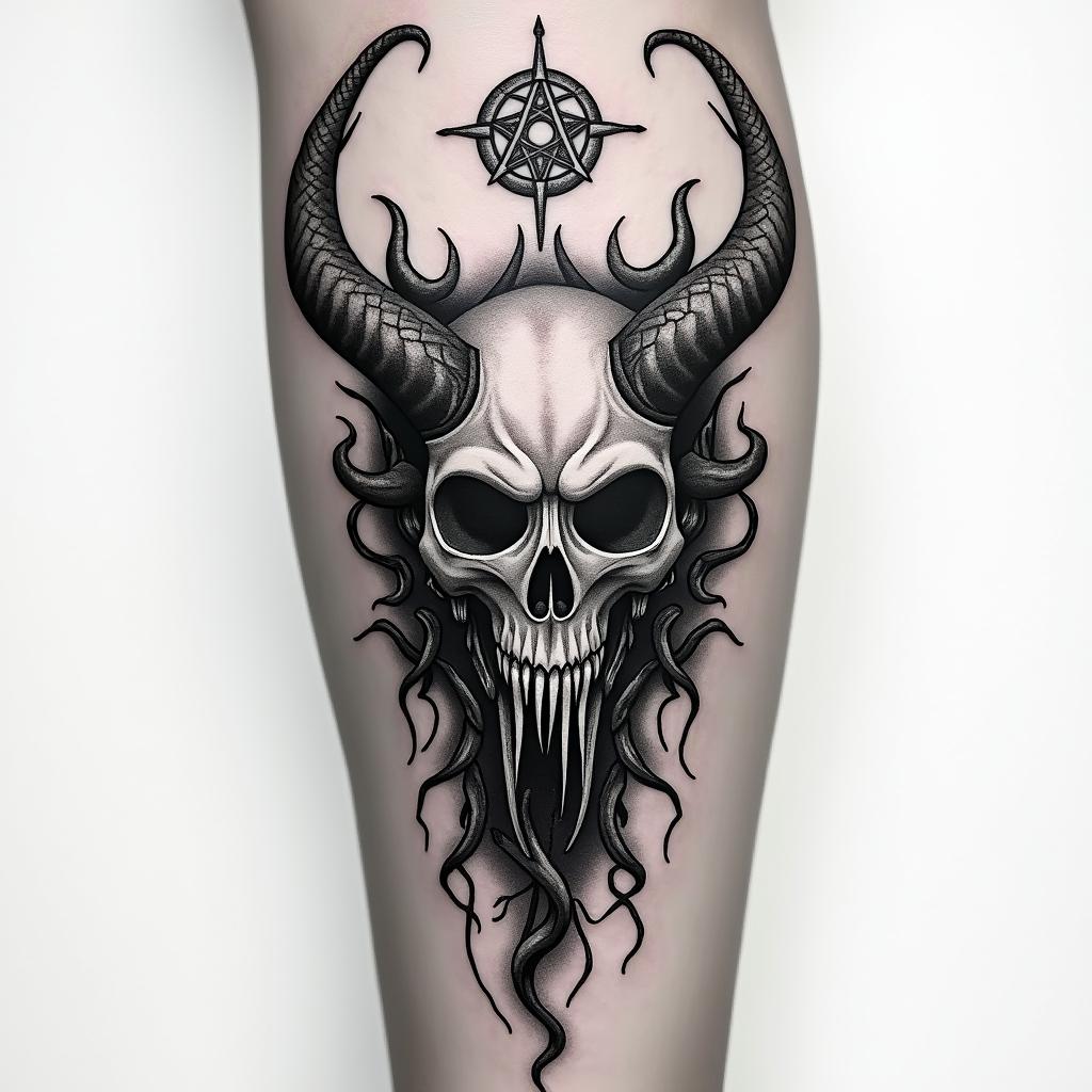 Yggdrasil With Jormungandr in Vikinger style auf unter arm in langen stylecreepy horror tattoo style, featuring an eerie and unsettling skull of a demonic creature, distorted face with sharp fangs, add pentagram symbol - Variation 4