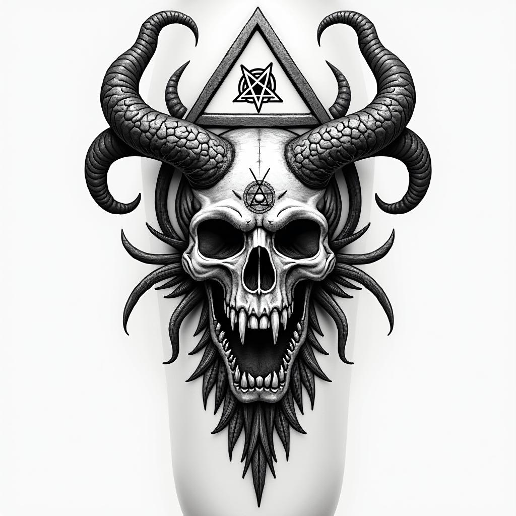 Yggdrasil With Jormungandr in Vikinger style auf unter arm in langen stylecreepy horror tattoo style, featuring an eerie and unsettling skull of a demonic creature, distorted face with sharp fangs, add pentagram symbol - Variation 3