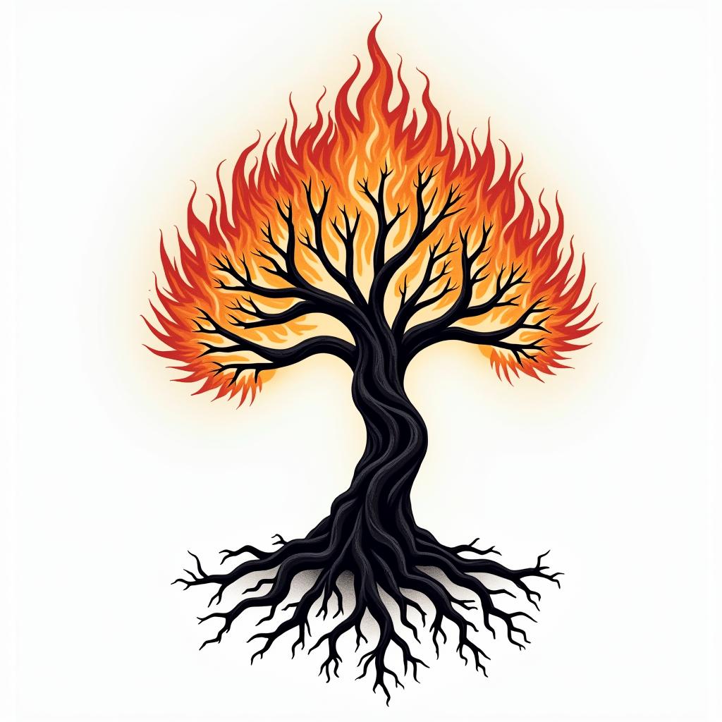 Tree of life with roots and branchesin flame tattoo style showcasing fiery elements with dynamic flame patterns, glowing effect of flames, natural colors - Variation 3