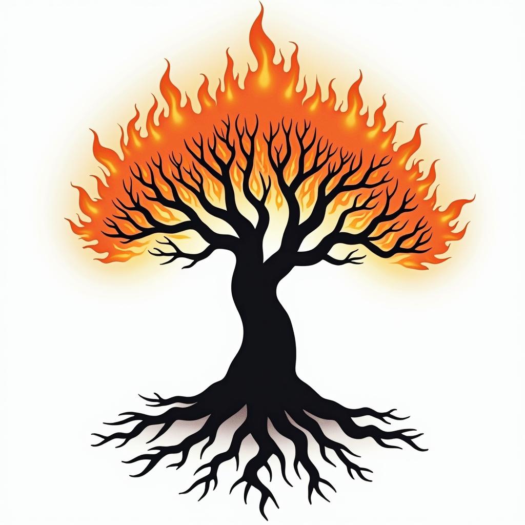 Tree of life with roots and branchesin flame tattoo style showcasing fiery elements with dynamic flame patterns, glowing effect of flames, natural colors