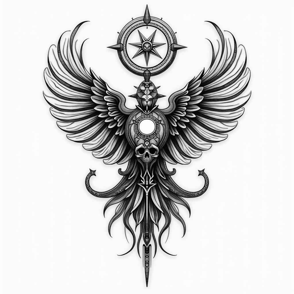North Grandpa Role Model Family Cohesion Greek Greece 1968 Examili 1998 Sofiain paganic style tattoo, featuring ancient symbols, add vegvisir symbol, mystical figures, incorporating designs, pentagrams, runes, crescent moons,
