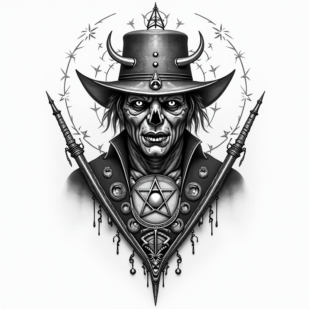 Freddy Kruegerin paganic style tattoo, featuring ancient symbols, add vegvisir symbol, mystical figures, incorporating designs, pentagrams, runes, crescent moons, - Variation 4