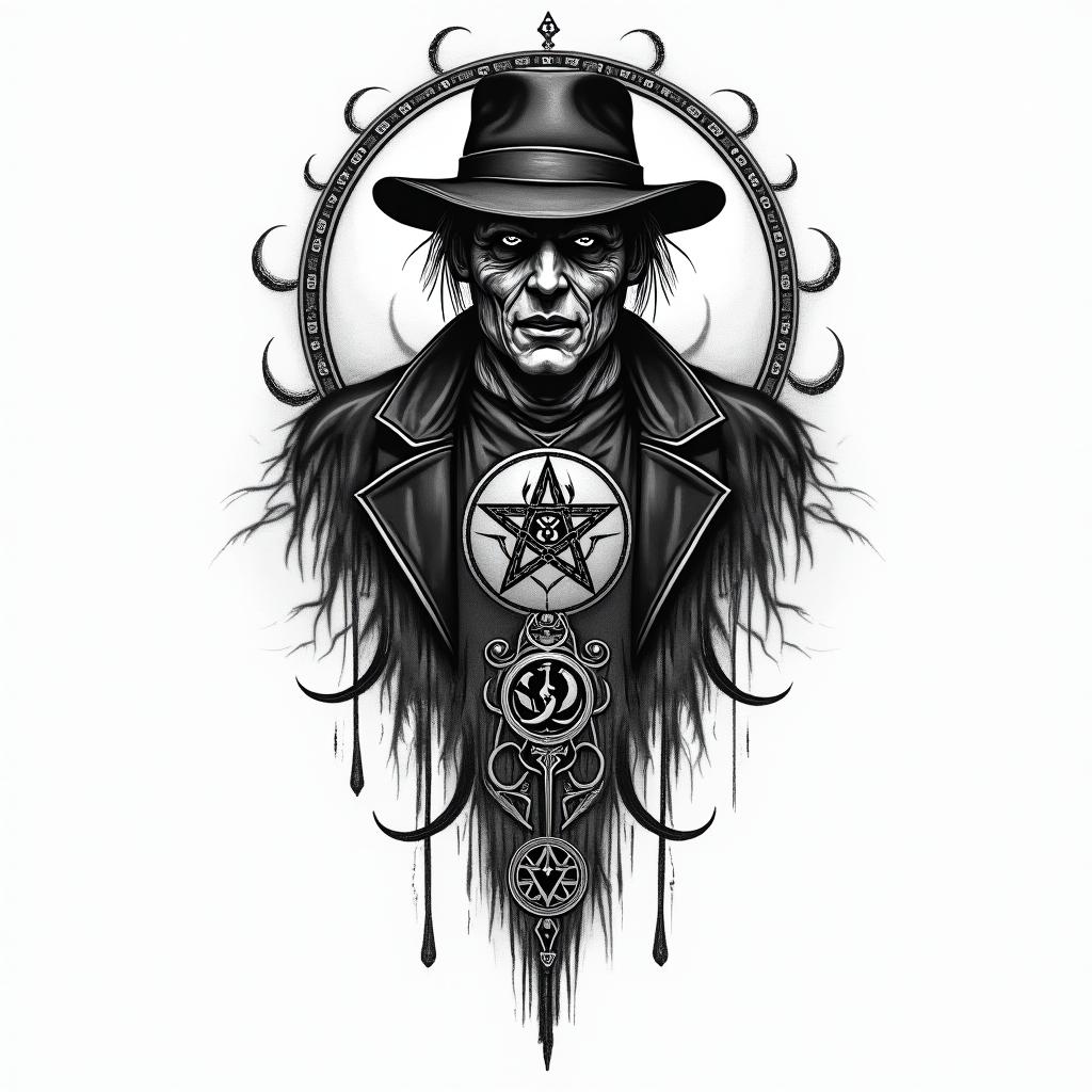 Freddy Kruegerin paganic style tattoo, featuring ancient symbols, add vegvisir symbol, mystical figures, incorporating designs, pentagrams, runes, crescent moons, - Variation 3
