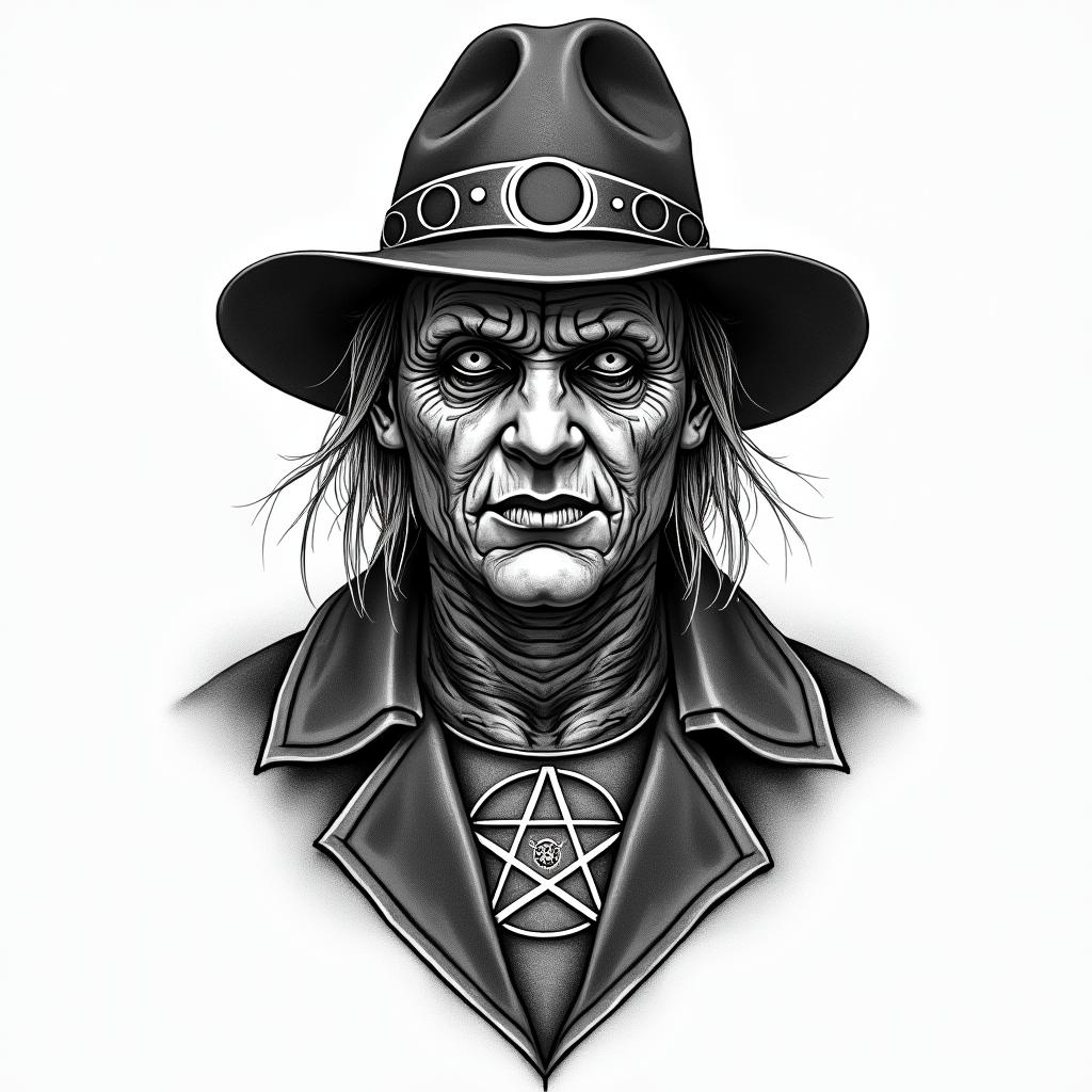 Freddy Kruegerin paganic style tattoo, featuring ancient symbols, add vegvisir symbol, mystical figures, incorporating designs, pentagrams, runes, crescent moons,