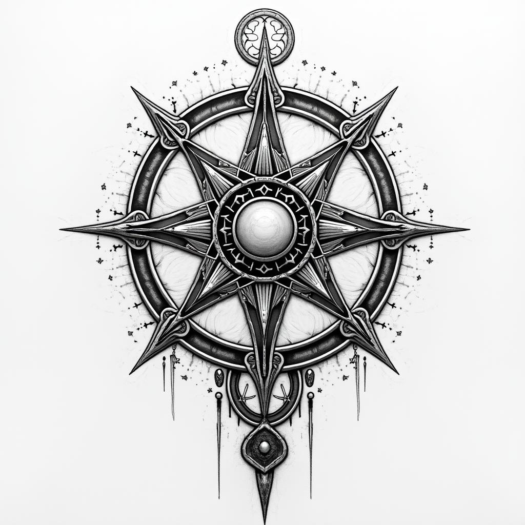 Railson Barros Borges 29/03/1994in paganic style tattoo, featuring ancient symbols, add vegvisir symbol, mystical figures, incorporating designs, pentagrams, runes, crescent moons,