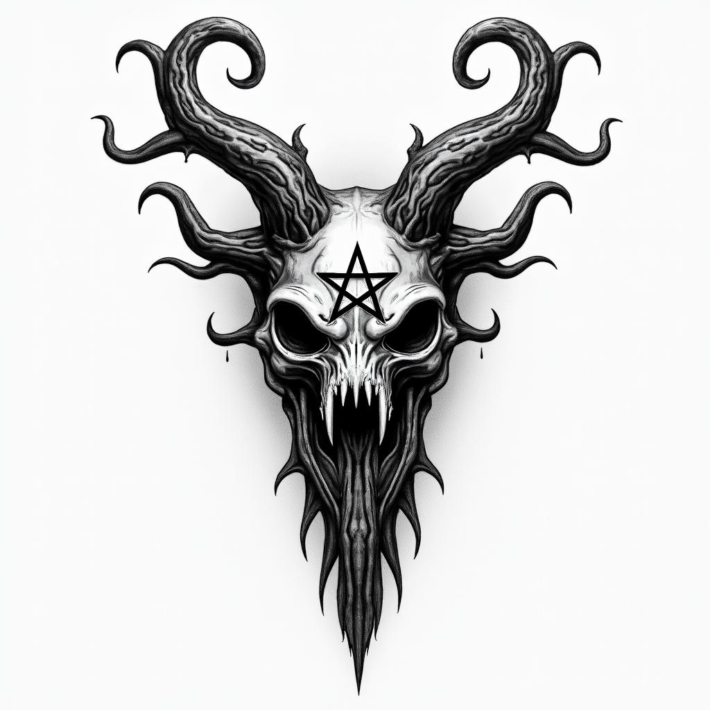 Yggdrasil With Jormungandrcreepy horror tattoo style, featuring an eerie and unsettling skull of a demonic creature, distorted face with sharp fangs, add pentagram symbol