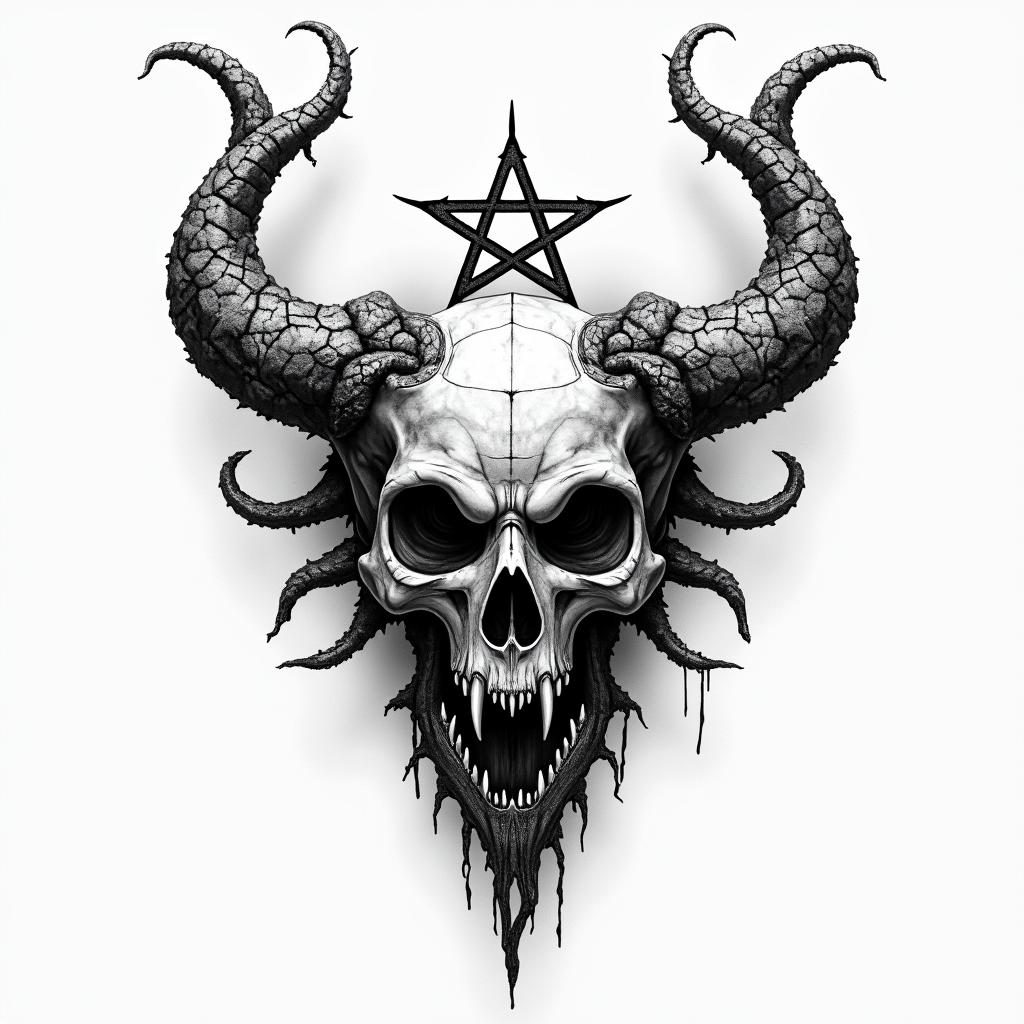 Yggdrasil With Jormungandrcreepy horror tattoo style, featuring an eerie and unsettling skull of a demonic creature, distorted face with sharp fangs, add pentagram symbol - Variation 2