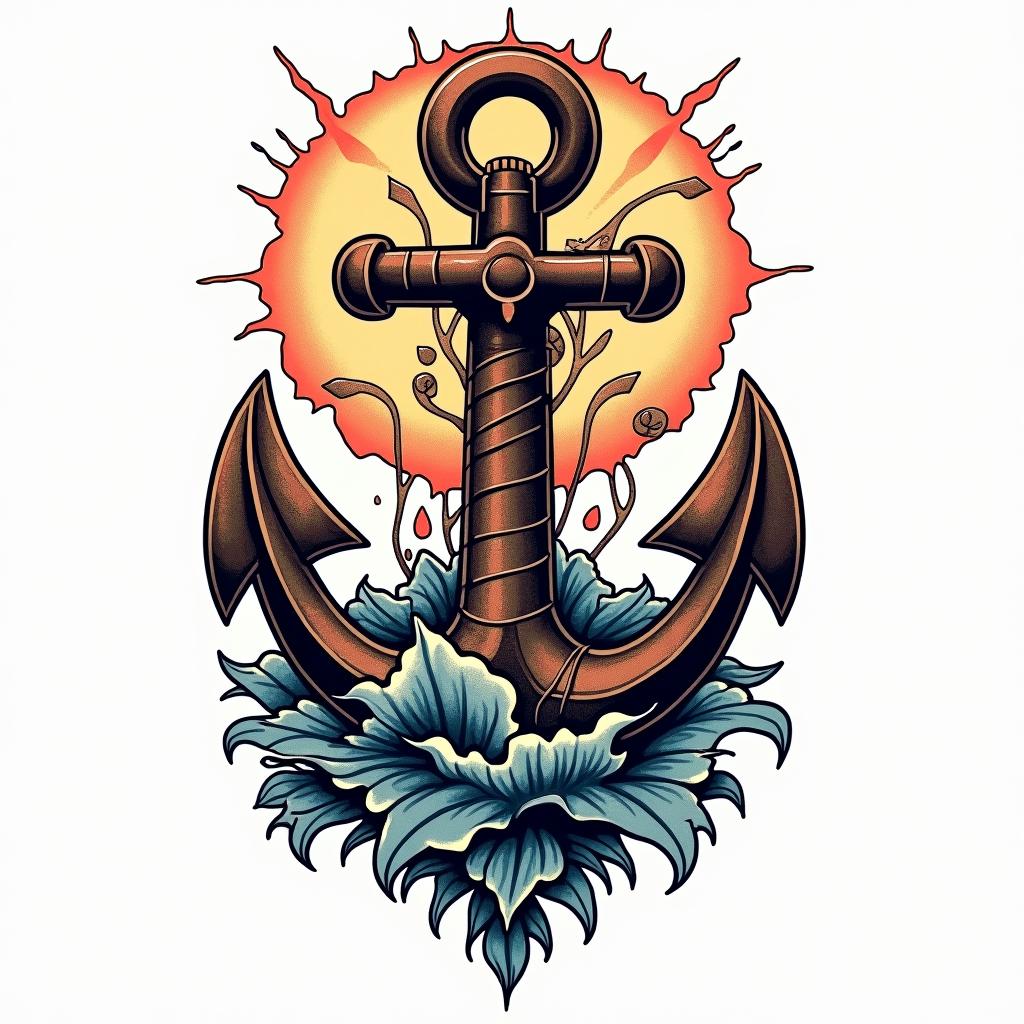 A ship's anchorin pop art style tattoo, featuring bold and vibrant colors, exaggerated outlines, iconic imagery, inspired by comic books and speech bubbles, comic book characters, retro pop culture - Variation 4