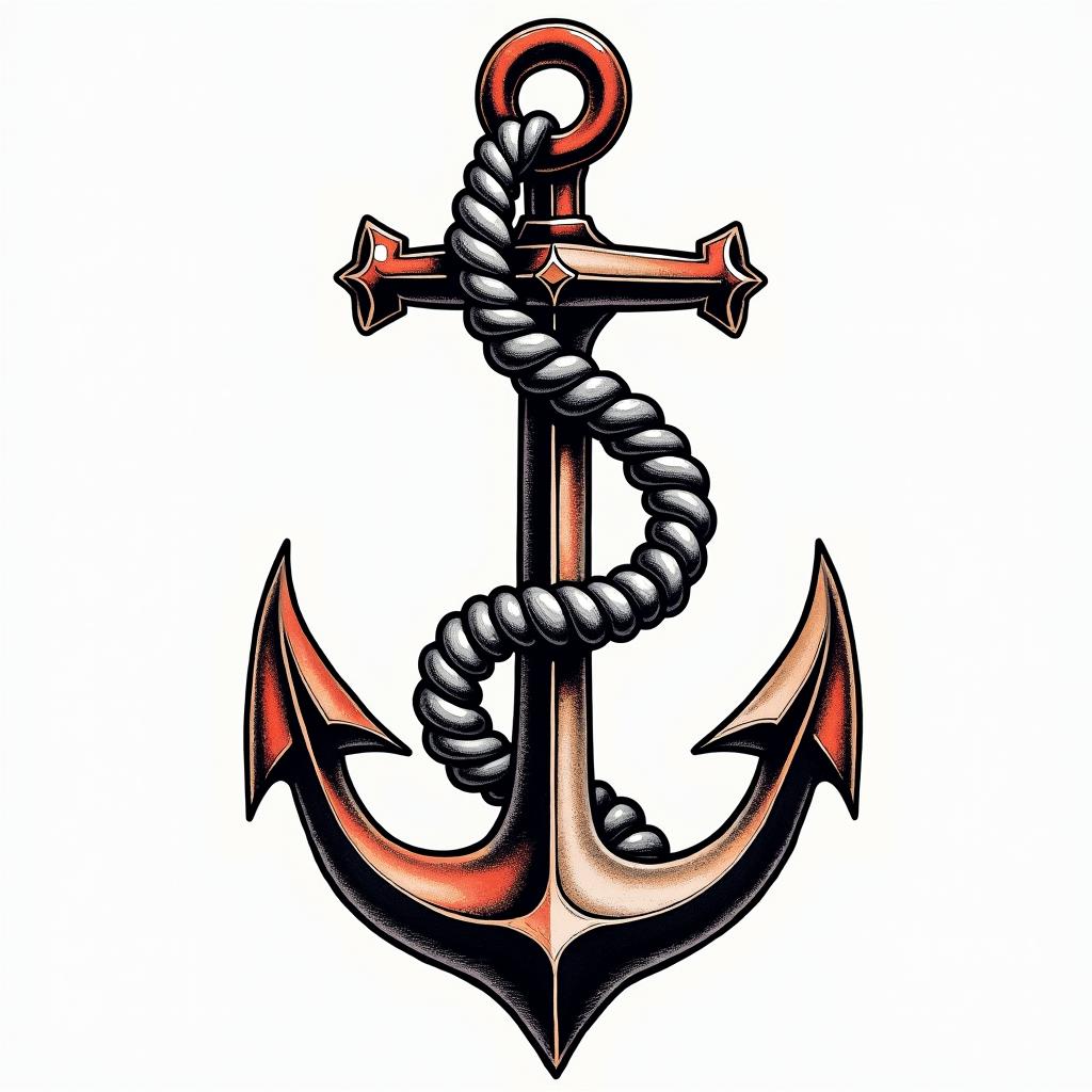 A ship's anchorin pop art style tattoo, featuring bold and vibrant colors, exaggerated outlines, iconic imagery, inspired by comic books and speech bubbles, comic book characters, retro pop culture