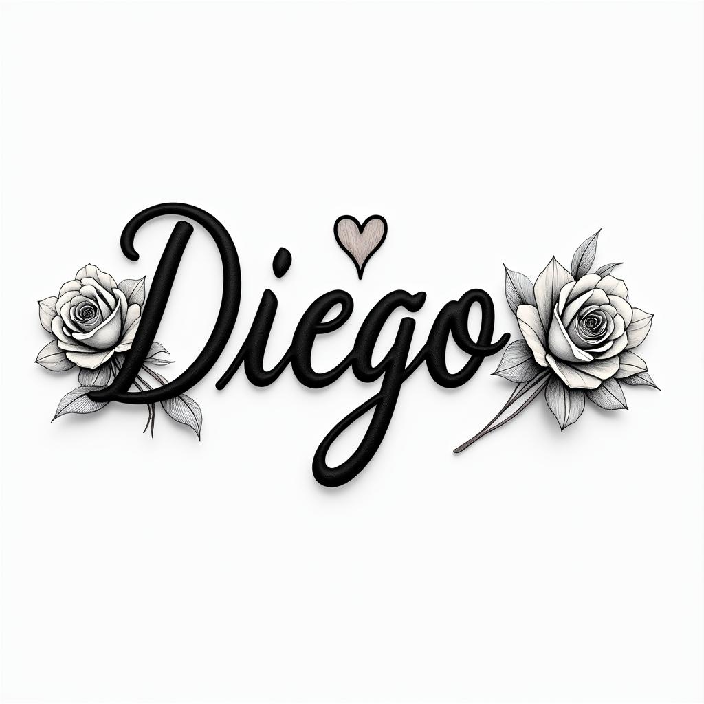 Cursive hand tattoo with the name Diegoin elegant cursive calligraphy style 2d tattoo, decorate with roses, featuring a smooth and flowing handwritten script with slightly thickened strokes for a luxurious and bold appearance, heart symbol between names, sleek and glossy black text with shadowing, minimalist matte white background, clean and sharp edges, illuminated with soft lighting, romantic, 8k, high-quality textures with refined typography - Variation 4