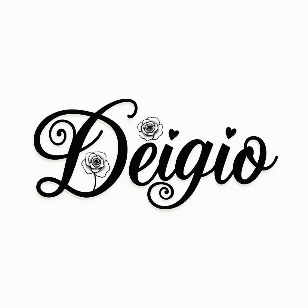 Cursive hand tattoo with the name Diegoin elegant cursive calligraphy style 2d tattoo, decorate with roses, featuring a smooth and flowing handwritten script with slightly thickened strokes for a luxurious and bold appearance, heart symbol between names, sleek and glossy black text with shadowing, minimalist matte white background, clean and sharp edges, illuminated with soft lighting, romantic, 8k, high-quality textures with refined typography - Variation 3
