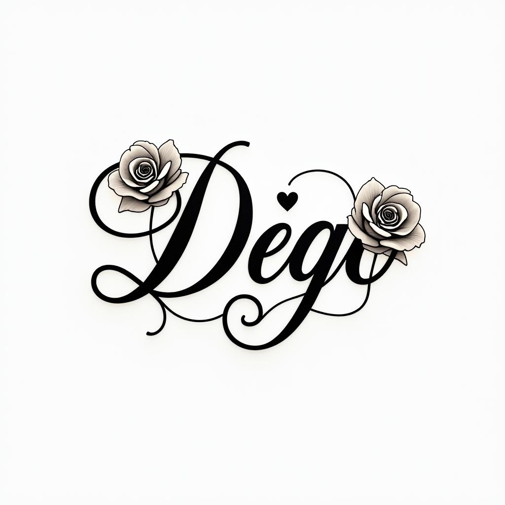 Cursive hand tattoo with the name Diegoin elegant cursive calligraphy style 2d tattoo, decorate with roses, featuring a smooth and flowing handwritten script with slightly thickened strokes for a luxurious and bold appearance, heart symbol between names, sleek and glossy black text with shadowing, minimalist matte white background, clean and sharp edges, illuminated with soft lighting, romantic, 8k, high-quality textures with refined typography