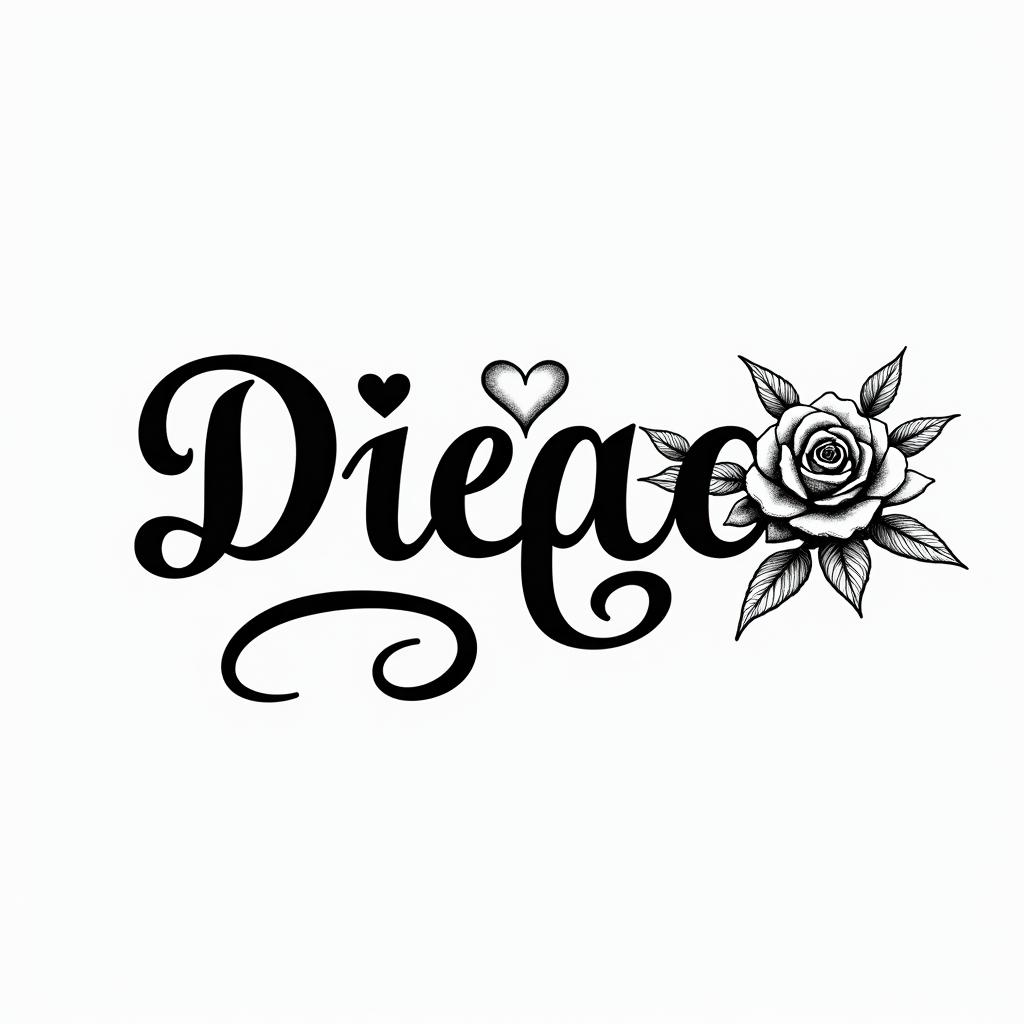 Cursive hand tattoo with the name Diegoin elegant cursive calligraphy style 2d tattoo, decorate with roses, featuring a smooth and flowing handwritten script with slightly thickened strokes for a luxurious and bold appearance, heart symbol between names, sleek and glossy black text with shadowing, minimalist matte white background, clean and sharp edges, illuminated with soft lighting, romantic, 8k, high-quality textures with refined typography - Variation 2